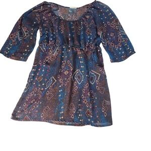 Urban Behavior Peace & Love Blue Purple Ikat Boho Empire Waist Tunic Top Large